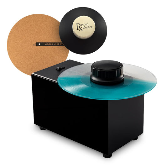 Record Doctor VI Record Cleaning Machine with RxLP Cleaning Solution - 20th Anniversary Edition (Gloss Black), Low Profile Record Clamp, and 12" Cork Turntable Slipmat
