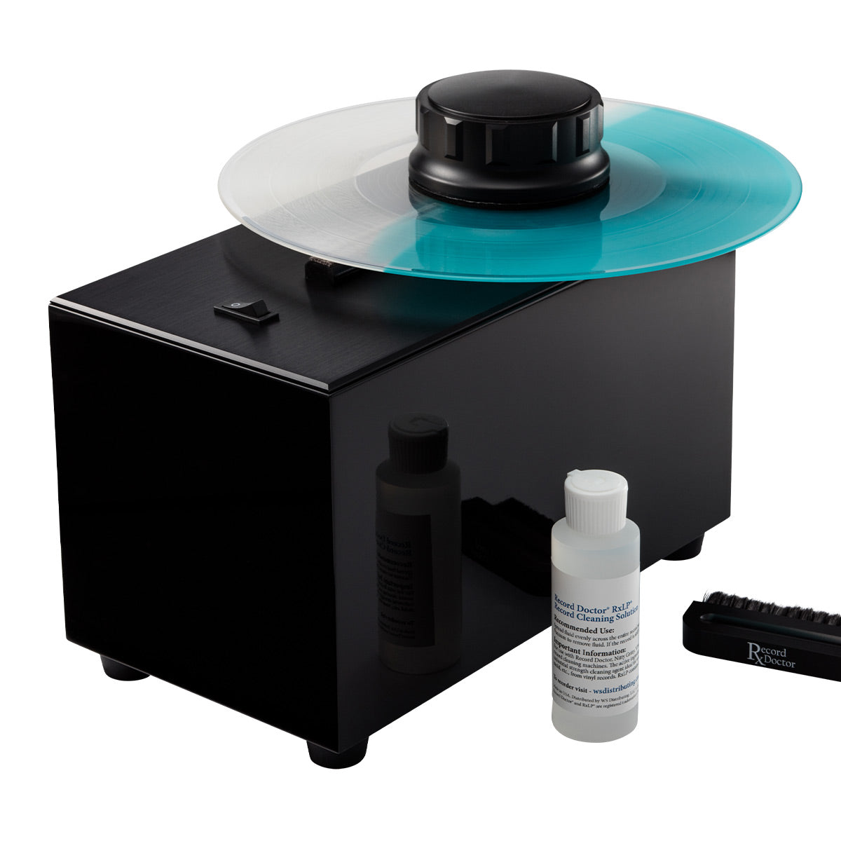 Record Doctor VI Record Cleaning Machine with RxLP Cleaning Solution - 20th Anniversary Edition (Gloss Black), Low Profile Record Clamp, and 12" Cork Turntable Slipmat